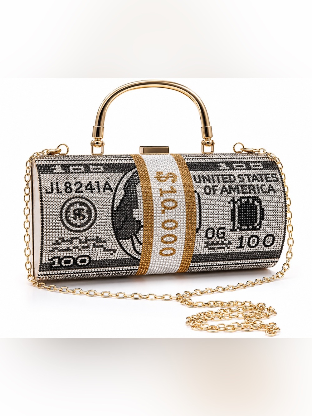 Gold-Accent Black & Silver Novelty Money Print Evening Clutch
